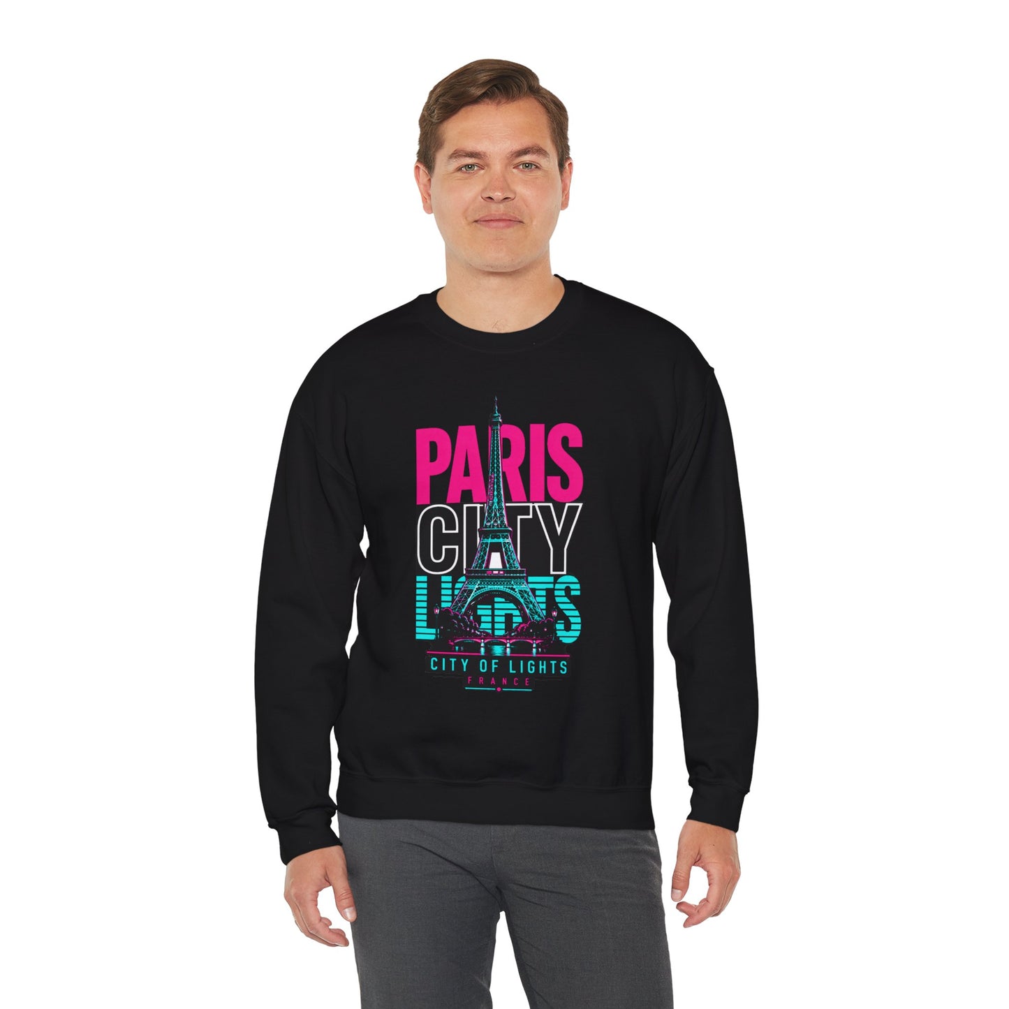 Black crewneck sweatshirt with colorful "PARIS CITY" Eiffel Tower graphic on front