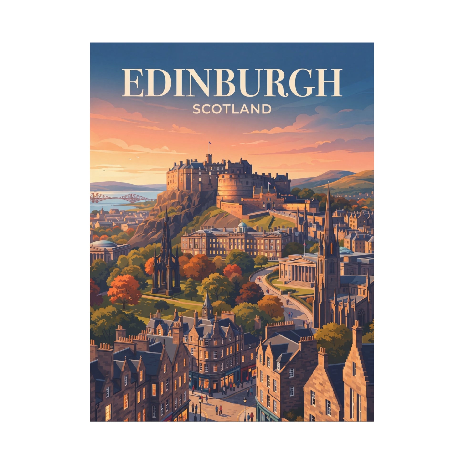 Matte canvas wall art featuring Edinburgh skyline with 'EDINBURGH' and 'SCOTLAND' text