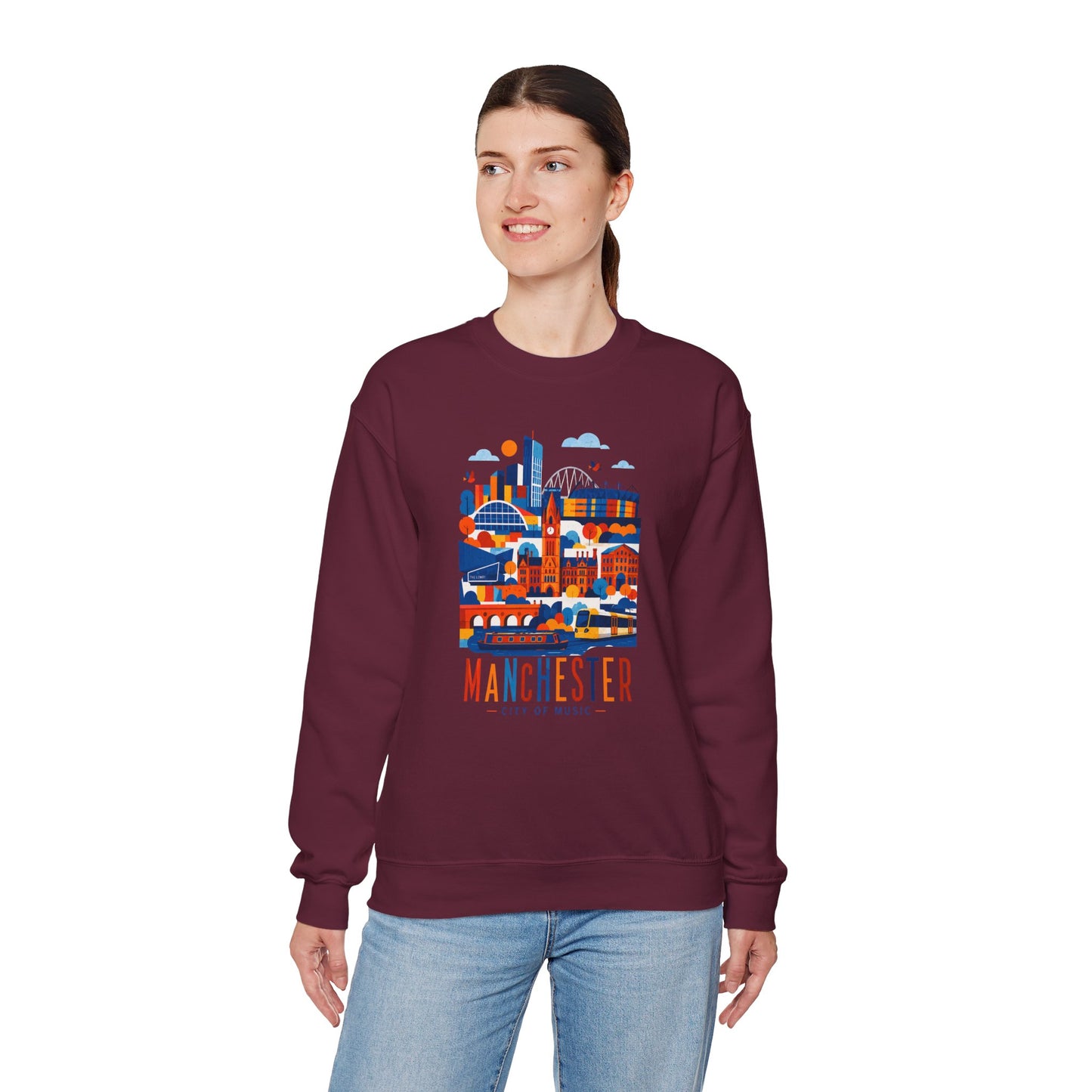 Maroon crewneck sweatshirt with colorful cityscape graphic