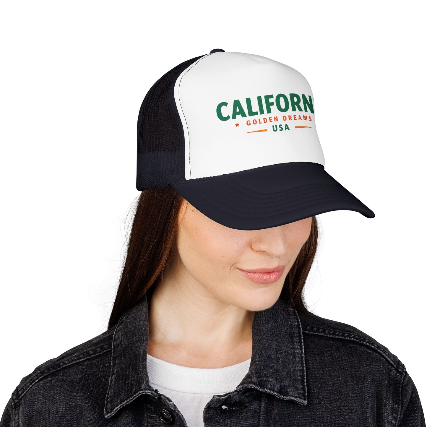 White-and-black trucker hat with green California text, curved brim