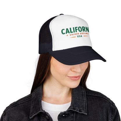 White-and-black trucker hat with green California text, curved brim