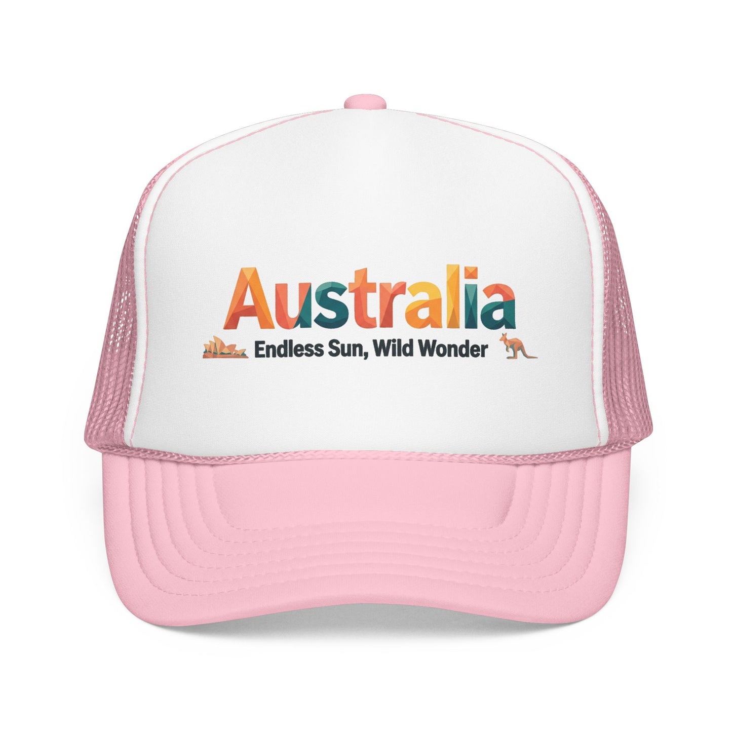 White and light pink mesh trucker cap with 'Australia' front logo