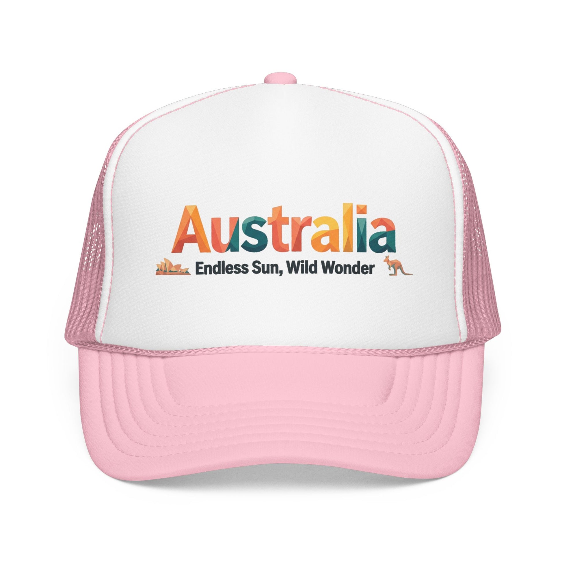 White and light pink mesh trucker cap with 'Australia' front logo
