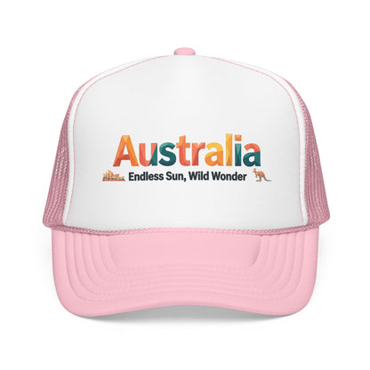 White and light pink mesh trucker cap with 'Australia' front logo