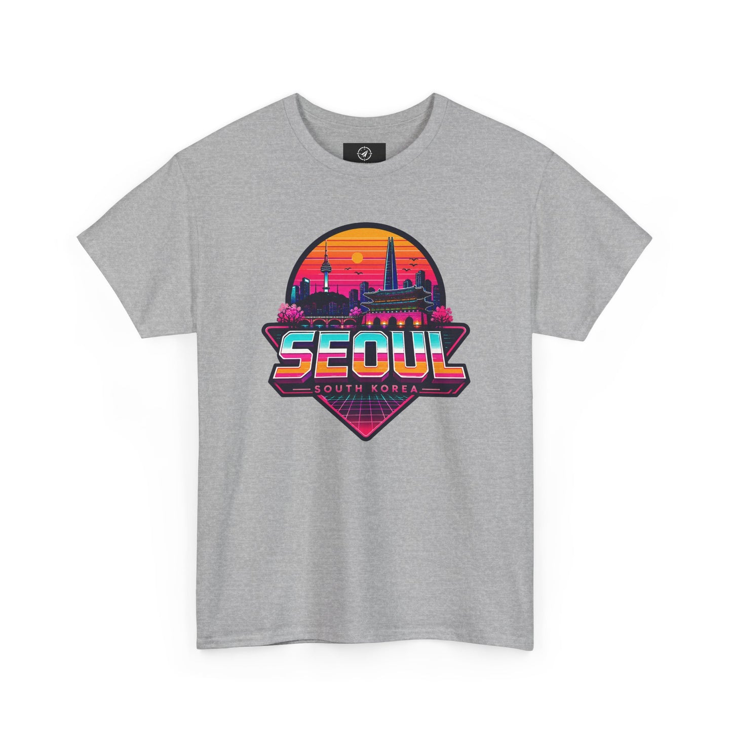 Light gray Seoul retro city T-shirt with colorful sunset skyline logo on front