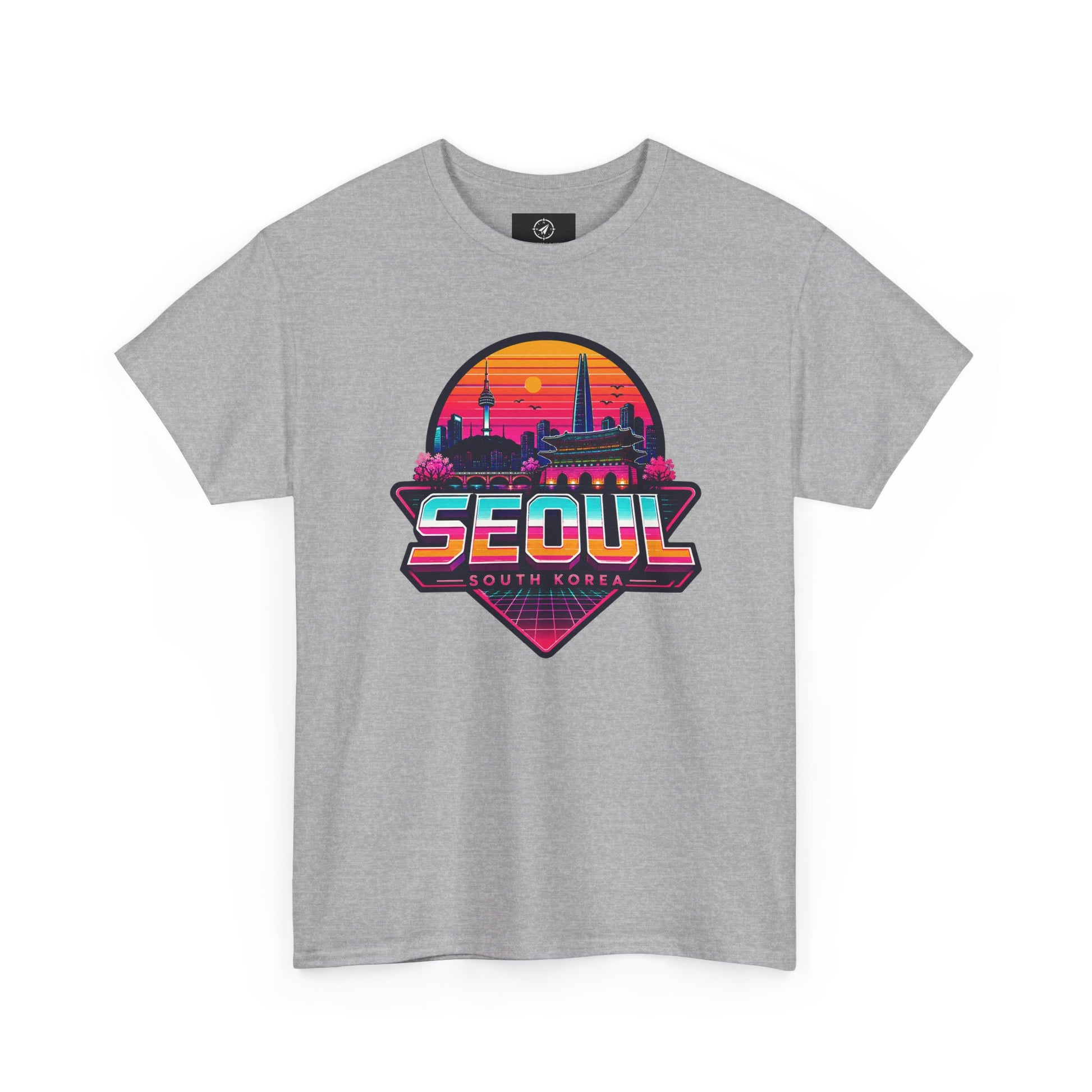 Light gray Seoul retro city T-shirt with colorful sunset skyline logo on front