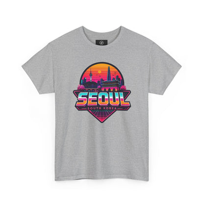 Light gray Seoul retro city T-shirt with colorful sunset skyline logo on front