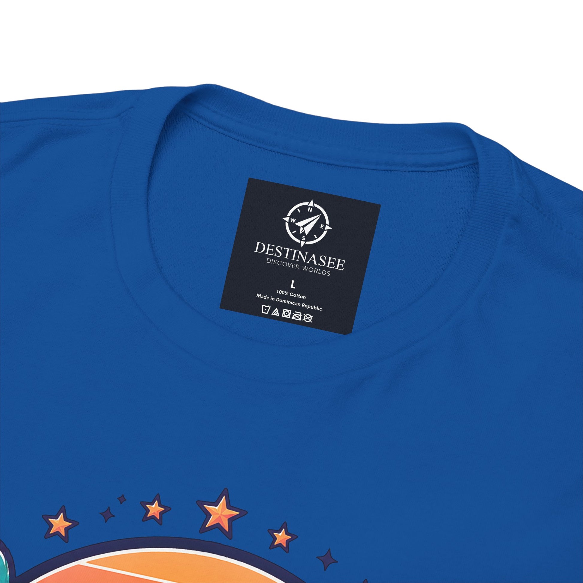 Royal blue T-shirt neckline close-up with small black design label and star accents