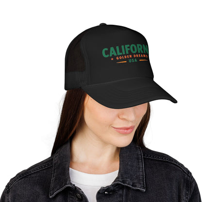 Black mesh trucker hat with “CALIFORNIA” front logo and curved brim.