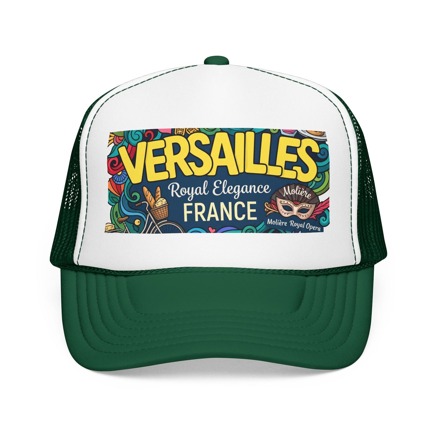 Dark green and white trucker hat with mesh side panels and colorful 'Versailles France' front patch