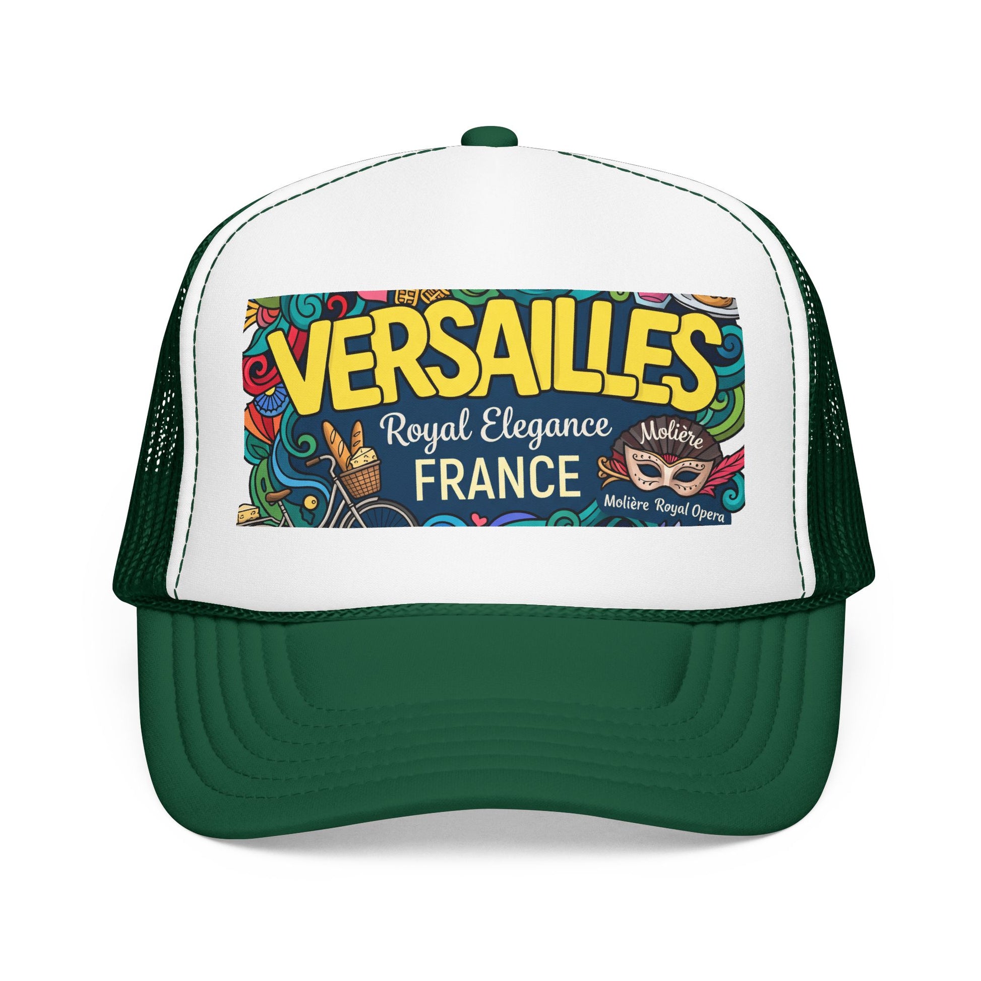 Dark green and white trucker hat with mesh side panels and colorful 'Versailles France' front patch