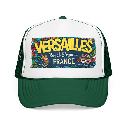 Dark green and white trucker hat with mesh side panels and colorful 'Versailles France' front patch