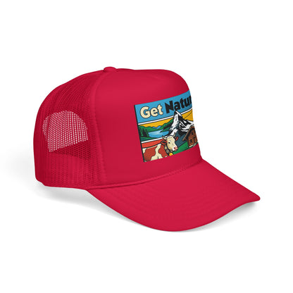 Red trucker hat with mesh back and Get Natural logo patch