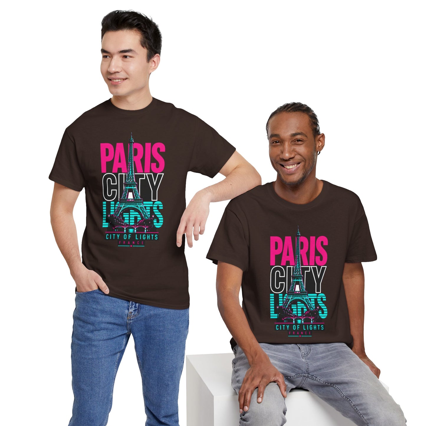 Crew-neck T-shirt, dark brown with neon-style “Paris City of Lights” Eiffel Tower graphic