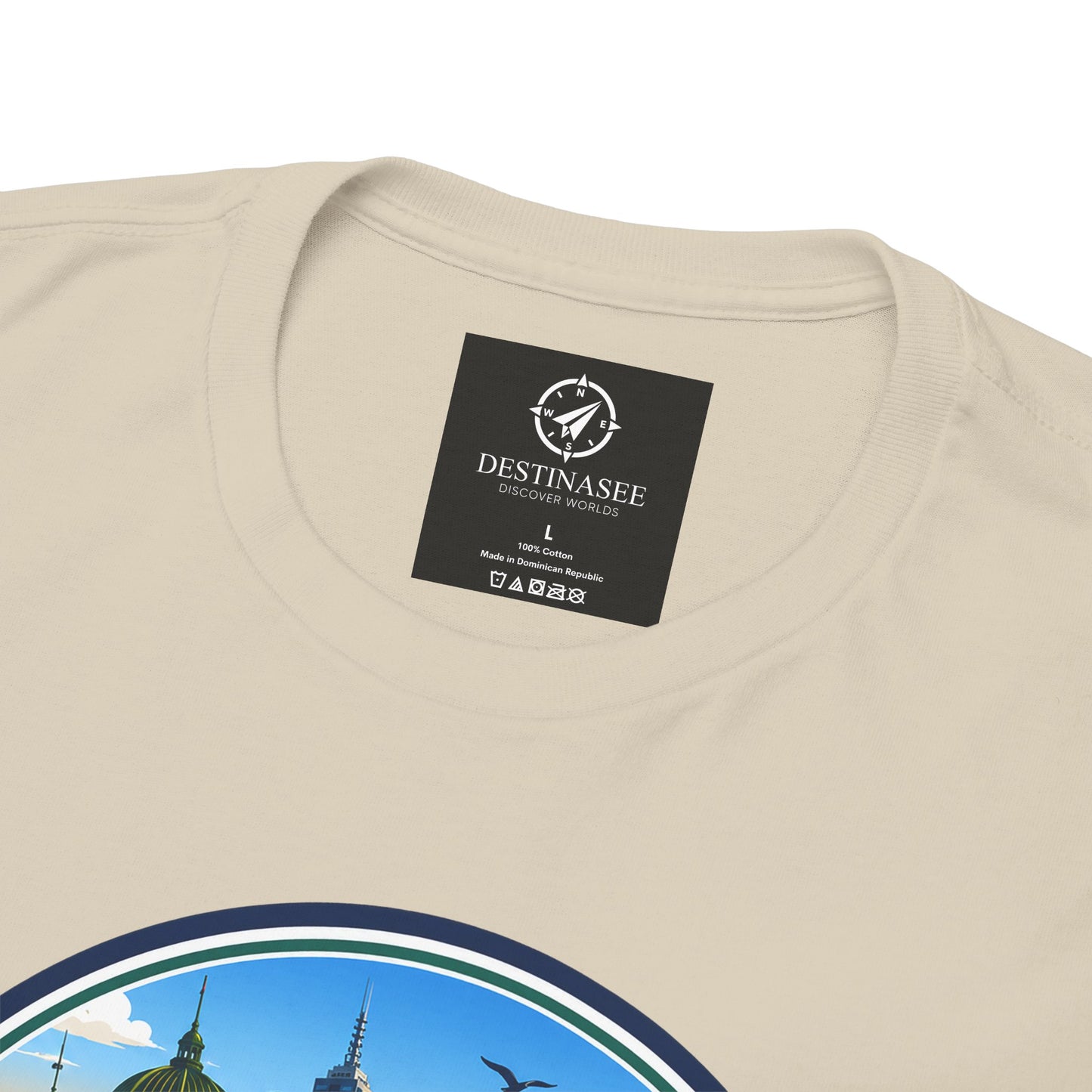 Beige travel tee back neckline label and partial Victoria Australia graphic