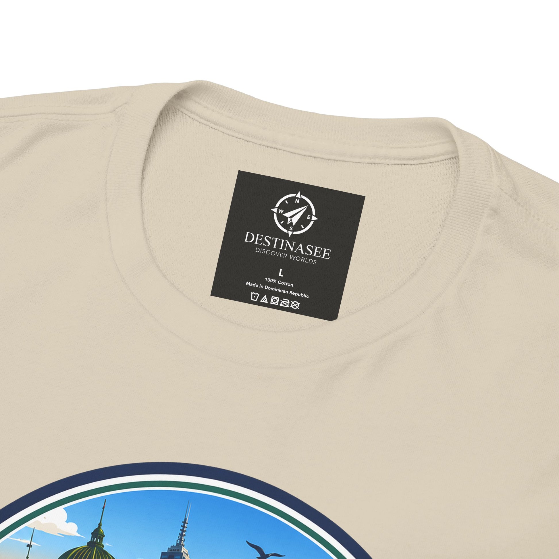 Beige travel tee back neckline label and partial Victoria Australia graphic