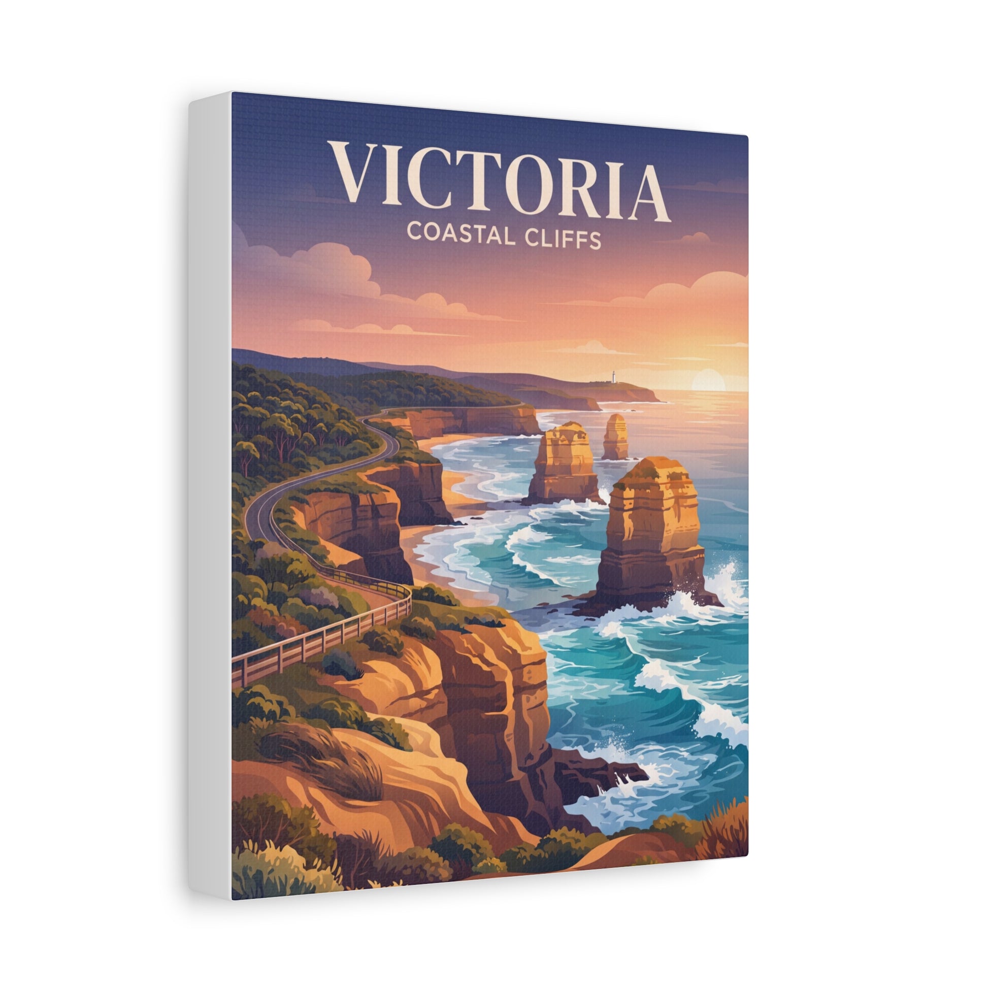Vertical canvas wall art with coastal cliffs, curving road, and sunset over the ocean.