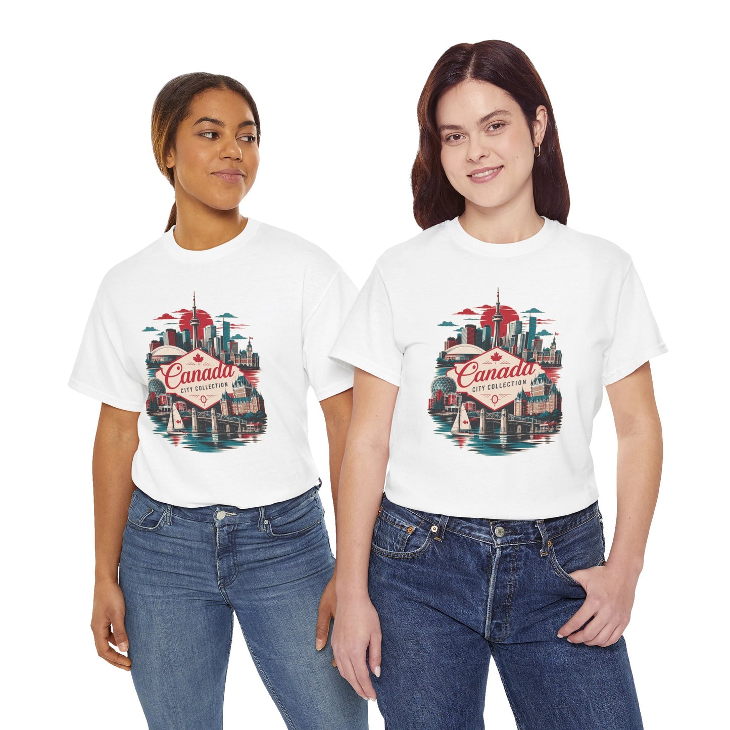 White crew-neck T-shirt with Canada city skyline graphic, worn by two models