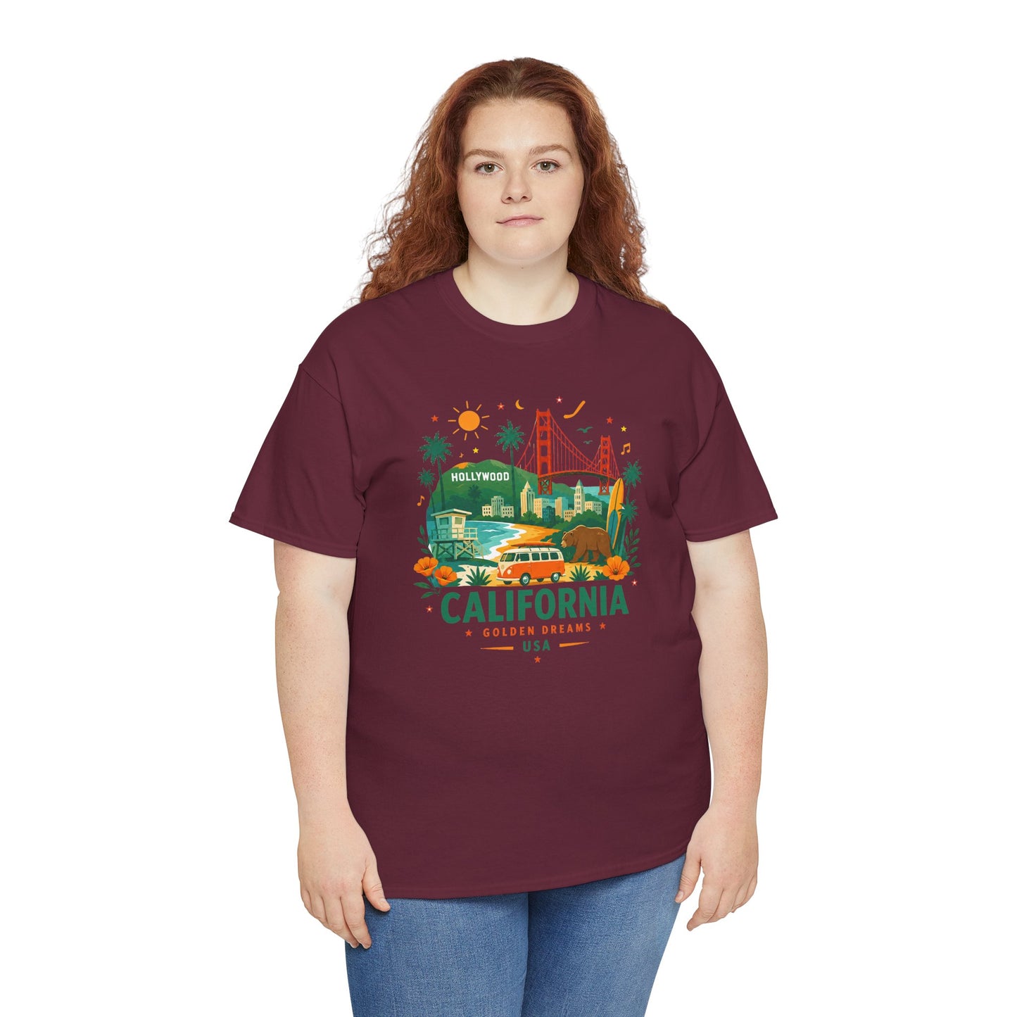 Maroon short-sleeve T-shirt with colorful California graphic print on the chest