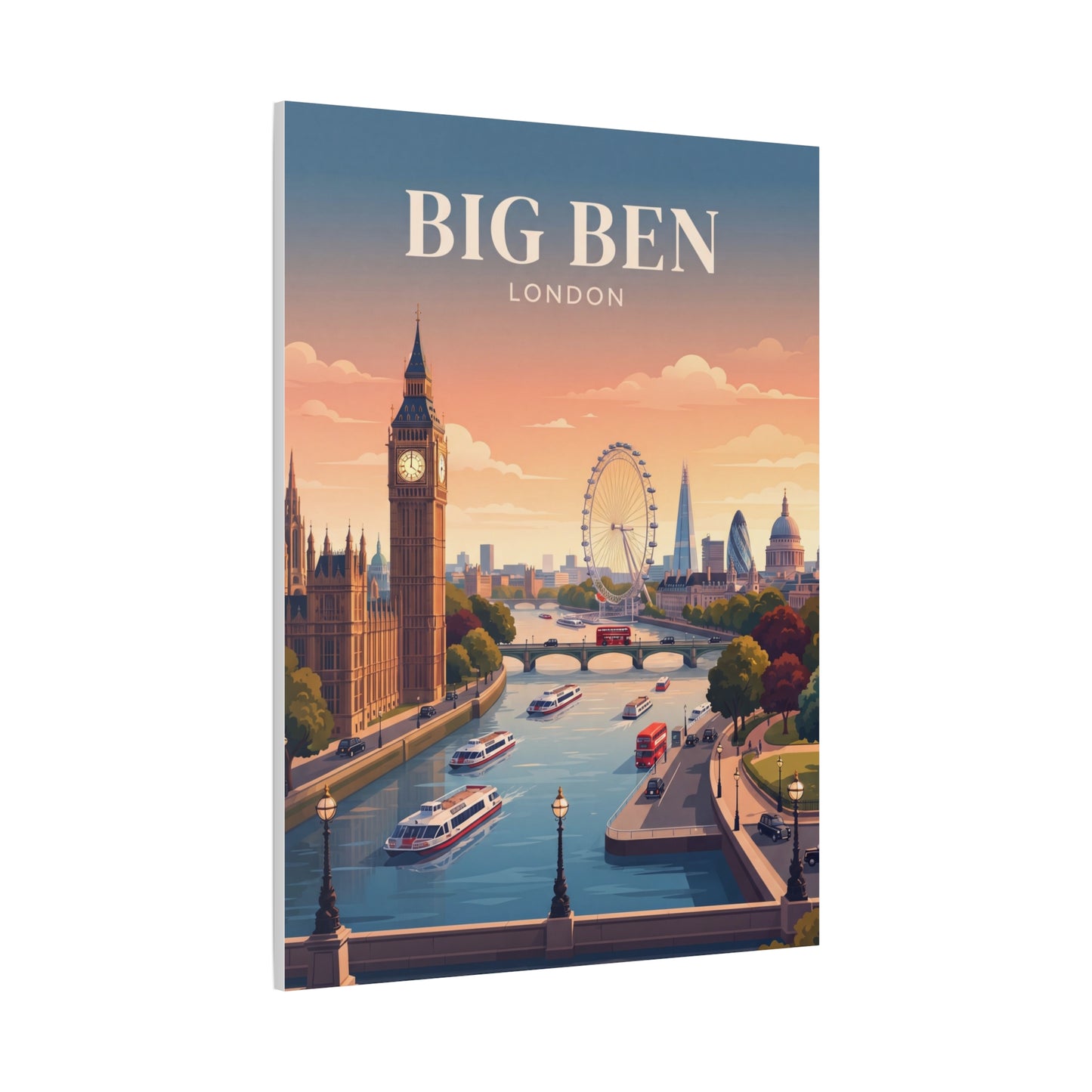 Matte canvas wall art with “BIG BEN” title, London skyline, and Ferris wheel at dusk