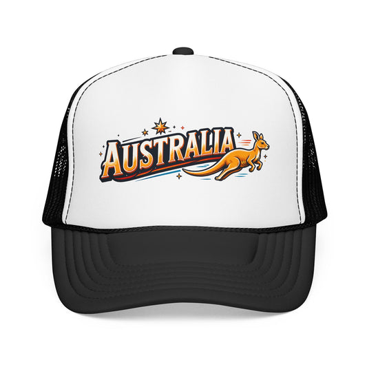 Black-and-white trucker hat with kangaroo graphic on front; mesh side panels