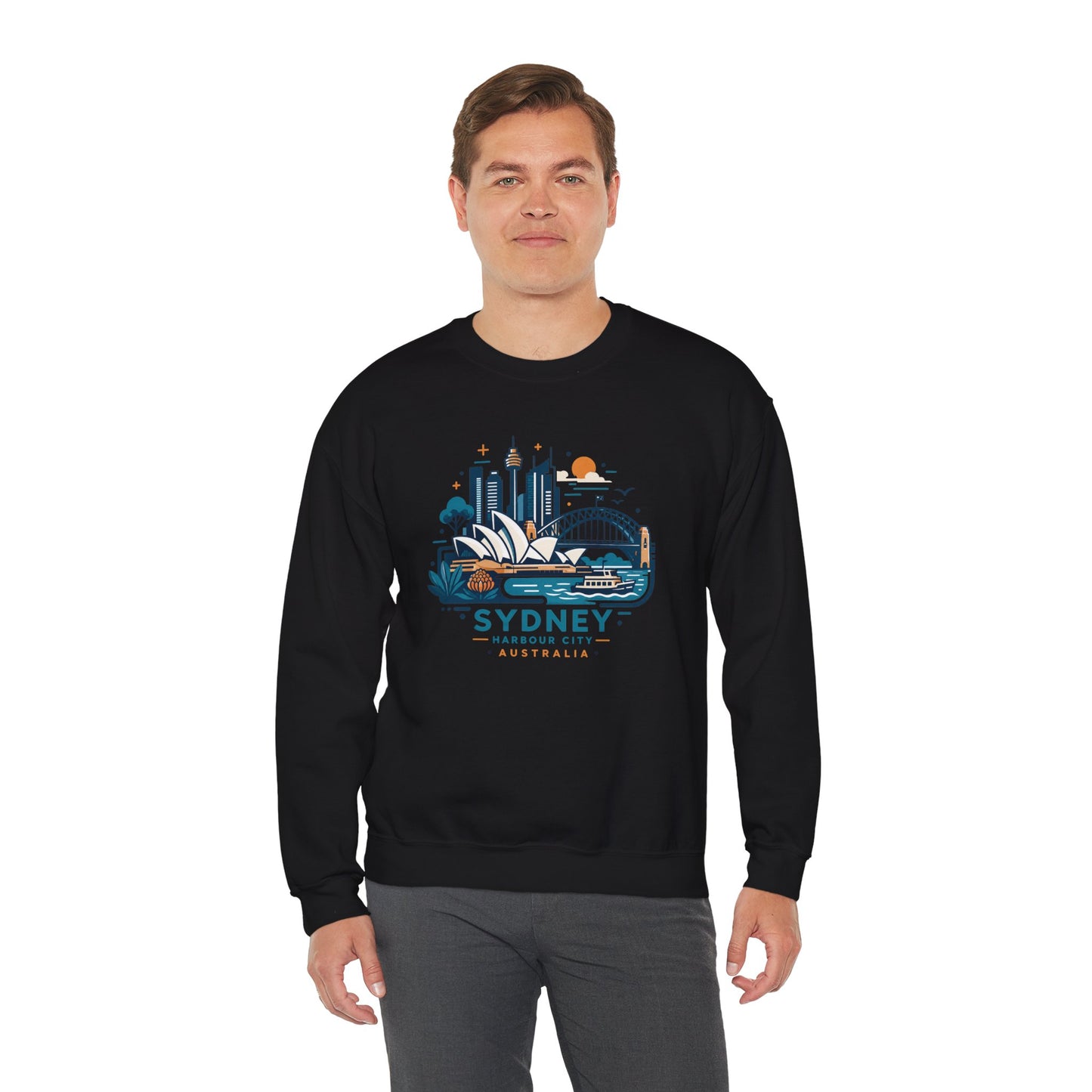 Black crewneck sweatshirt with Sydney Harbor City graphic, worn front view