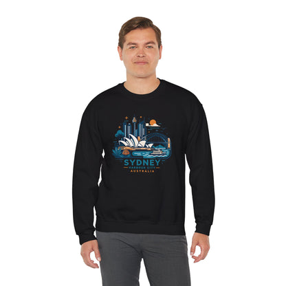 Black crewneck sweatshirt with Sydney Harbor City graphic, worn front view