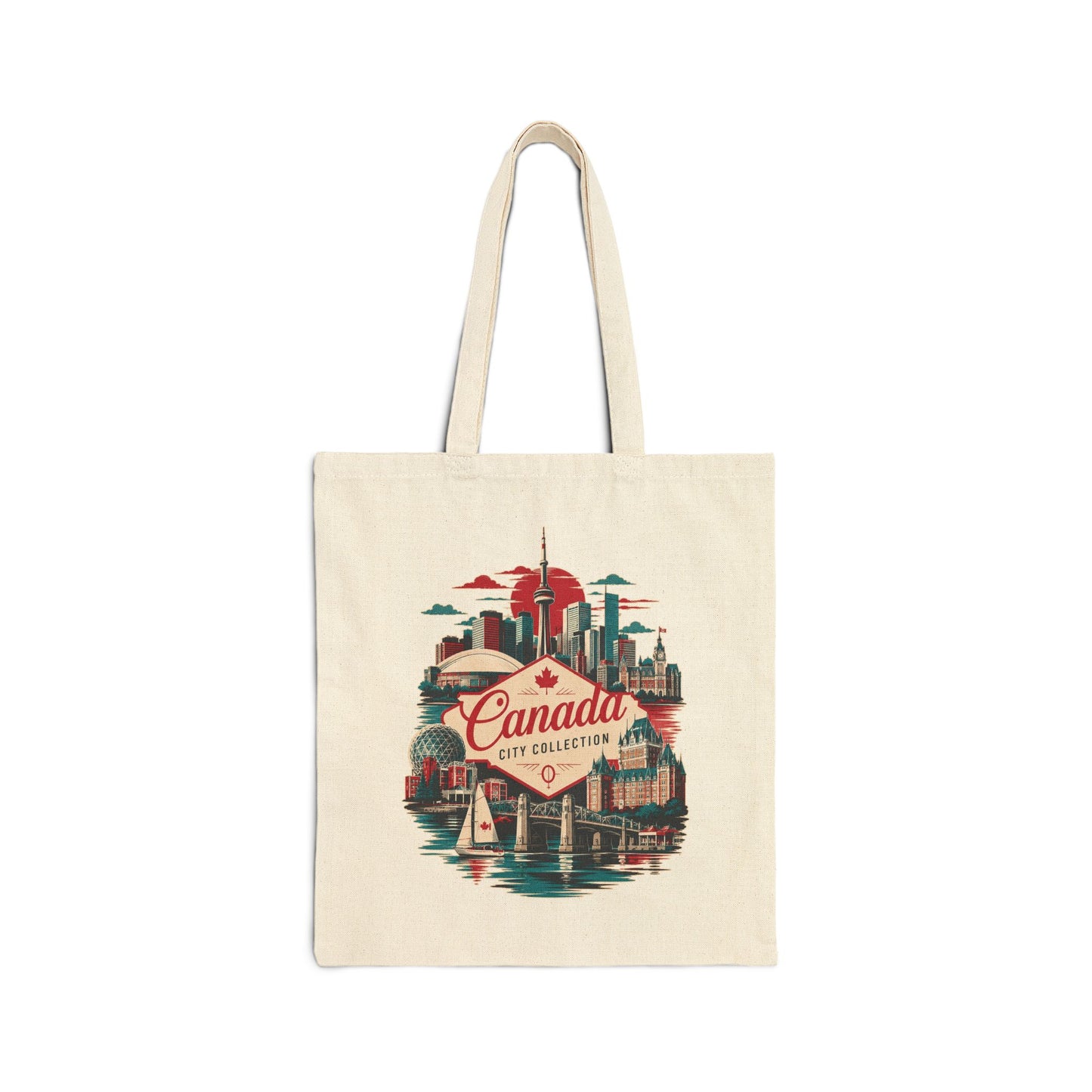 Natural tote bag with Canada skyline graphic and red “Canada” logo on front