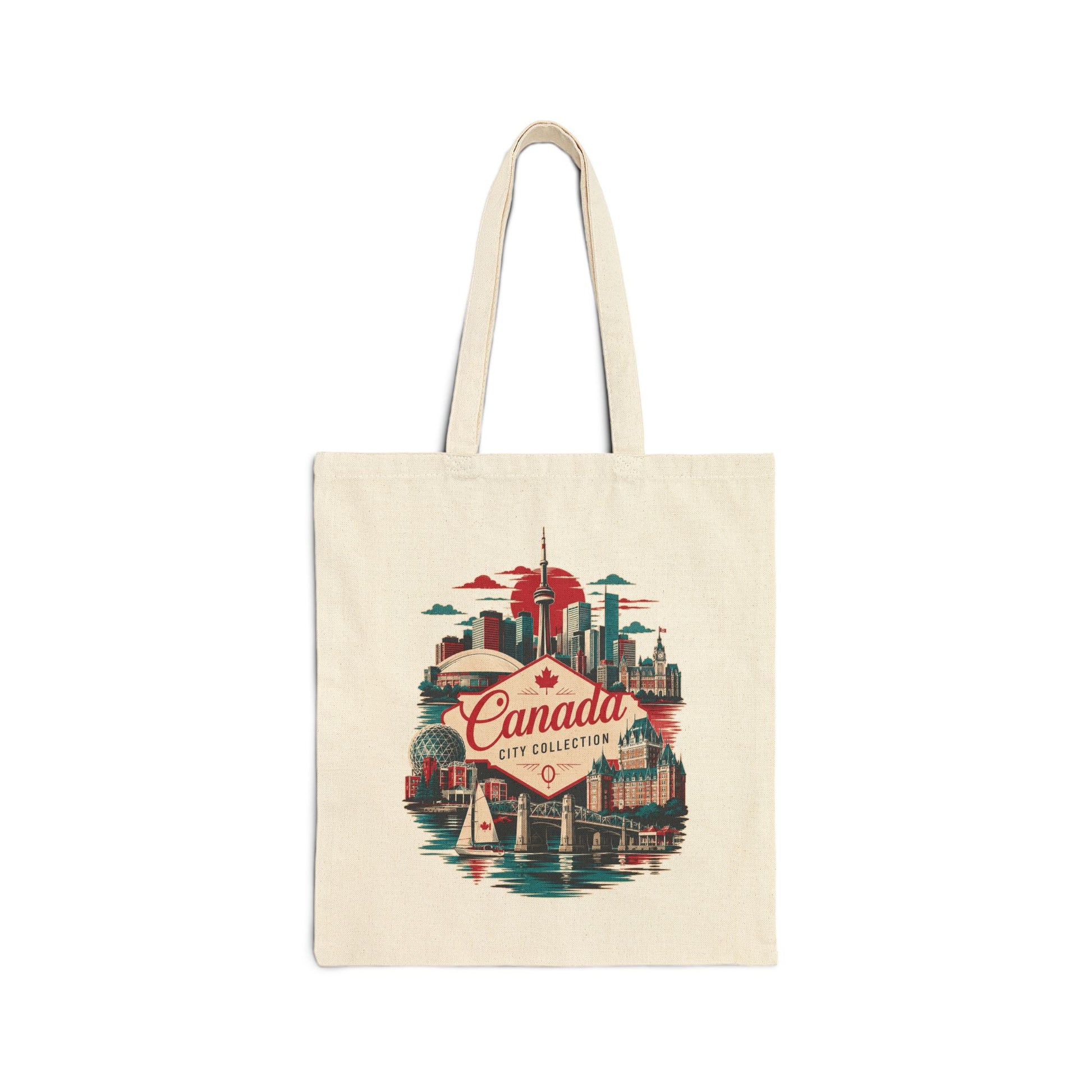 Natural tote bag with Canada skyline graphic and red “Canada” logo on front