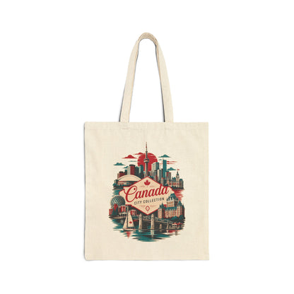 Natural tote bag with Canada skyline graphic and red “Canada” logo on front