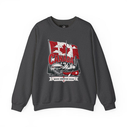 Dark gray crewneck sweatshirt with Canada flag canoe graphic and long sleeves.
