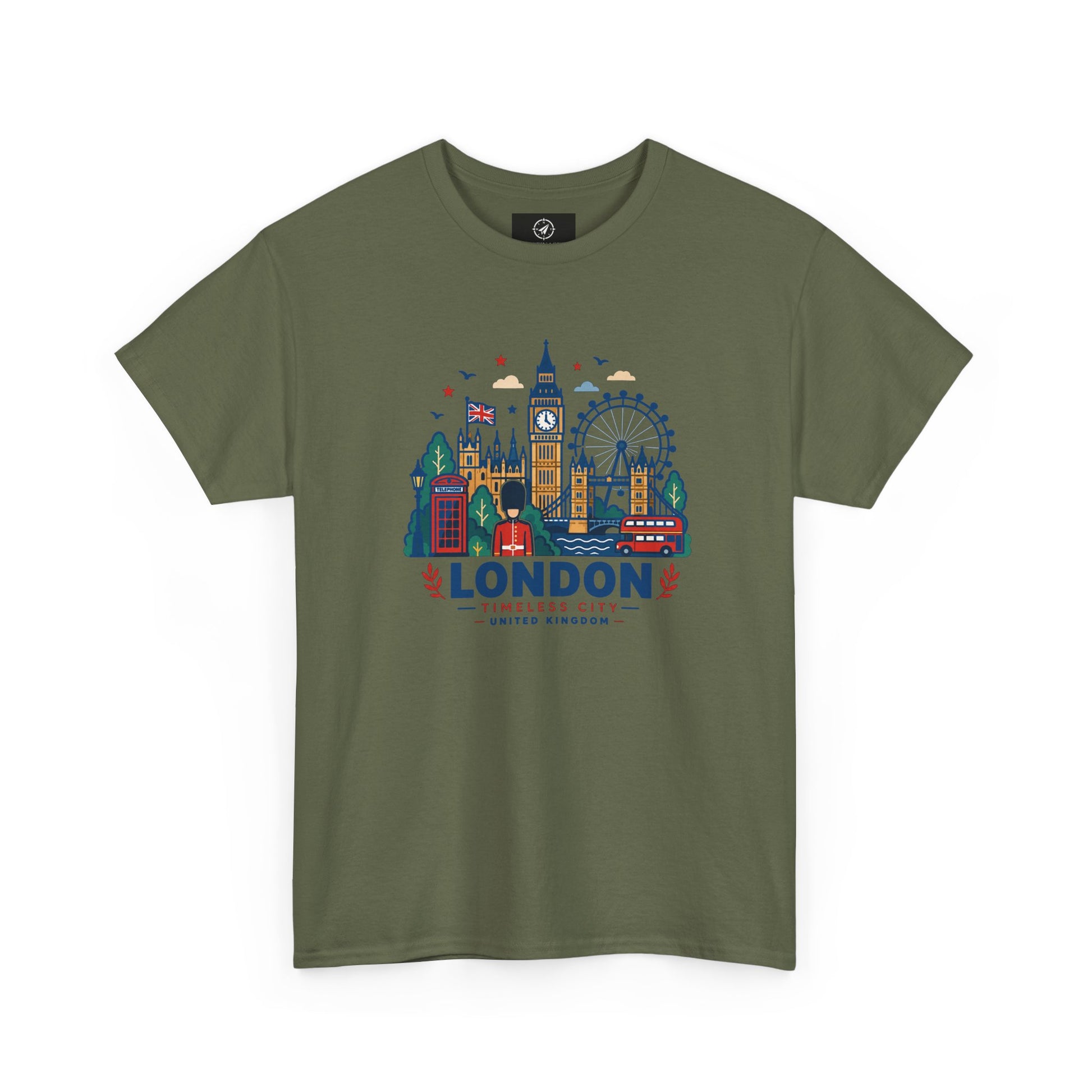Olive green crew neck T-shirt with colorful London skyline graphic on the front