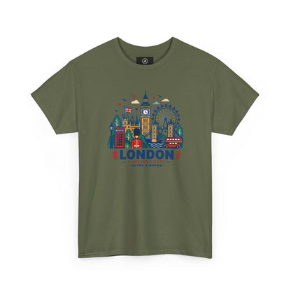 Olive green crew neck T-shirt with colorful London skyline graphic on the front