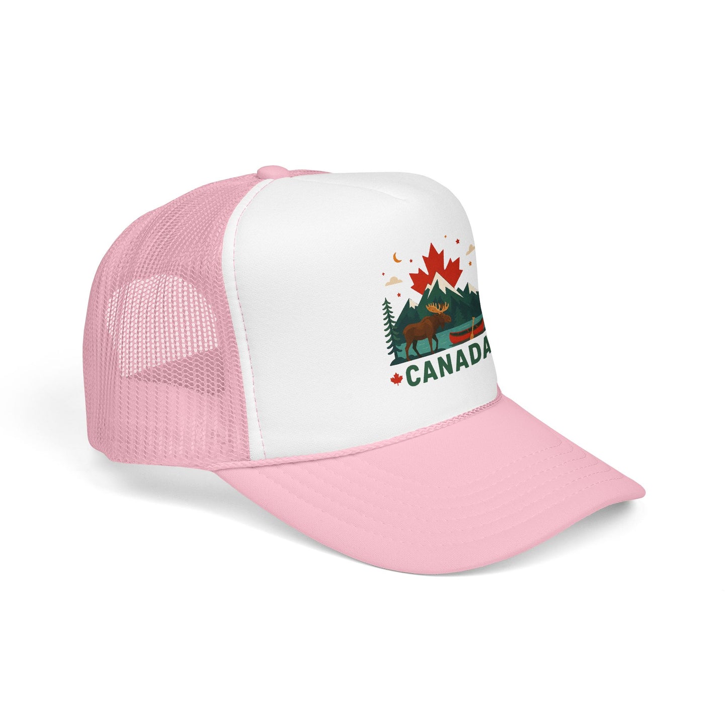 Canada moose trucker hat with light pink mesh back, white front, and Canada emblem patch