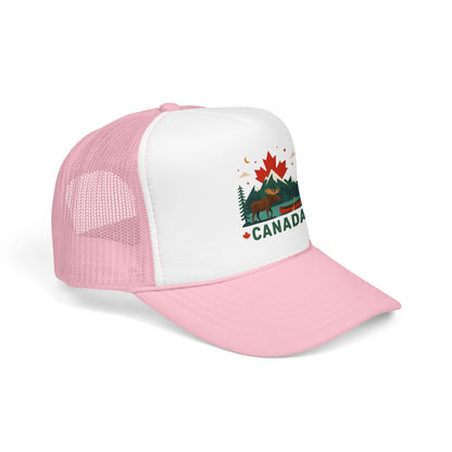 Canada moose trucker hat with light pink mesh back, white front, and Canada emblem patch