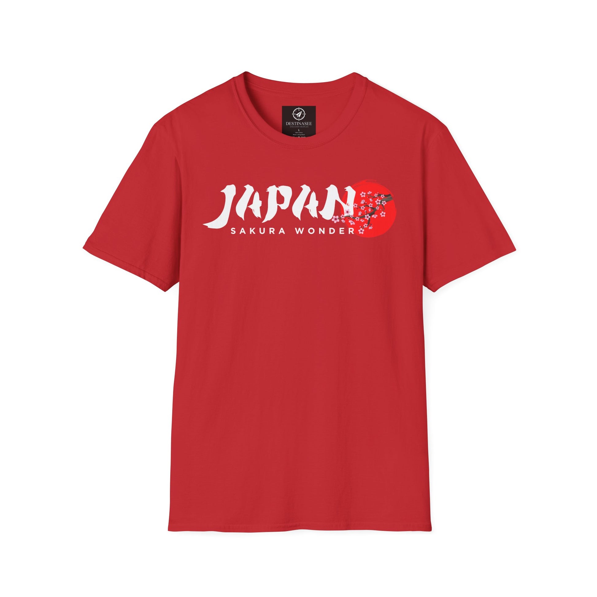 Red T-shirt with white “Japan” text and red cherry blossom graphic on chest