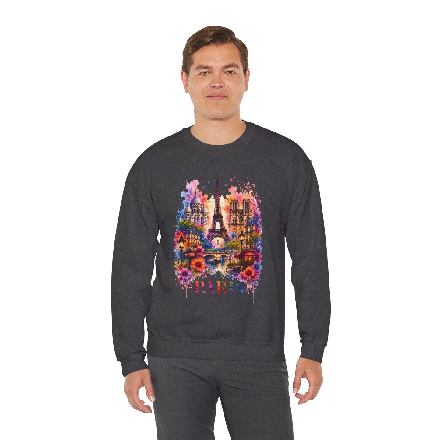 Dark heather crewneck sweatshirt with watercolor Eiffel Tower and floral graphic, PARIS text