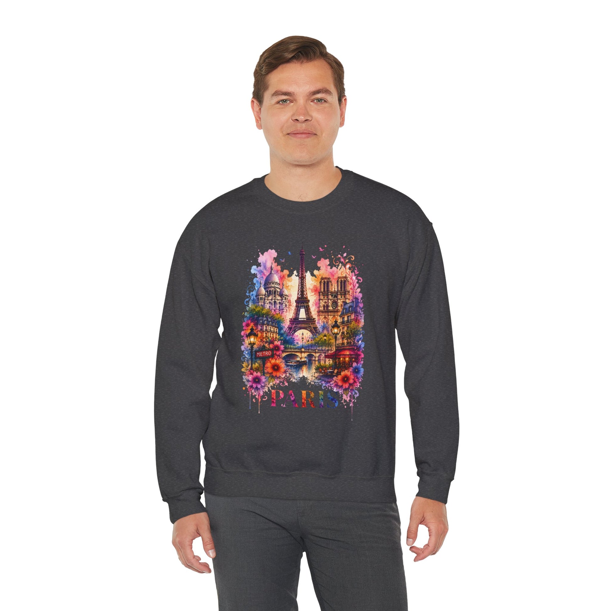 Dark heather crewneck sweatshirt with watercolor Eiffel Tower and floral graphic, PARIS text