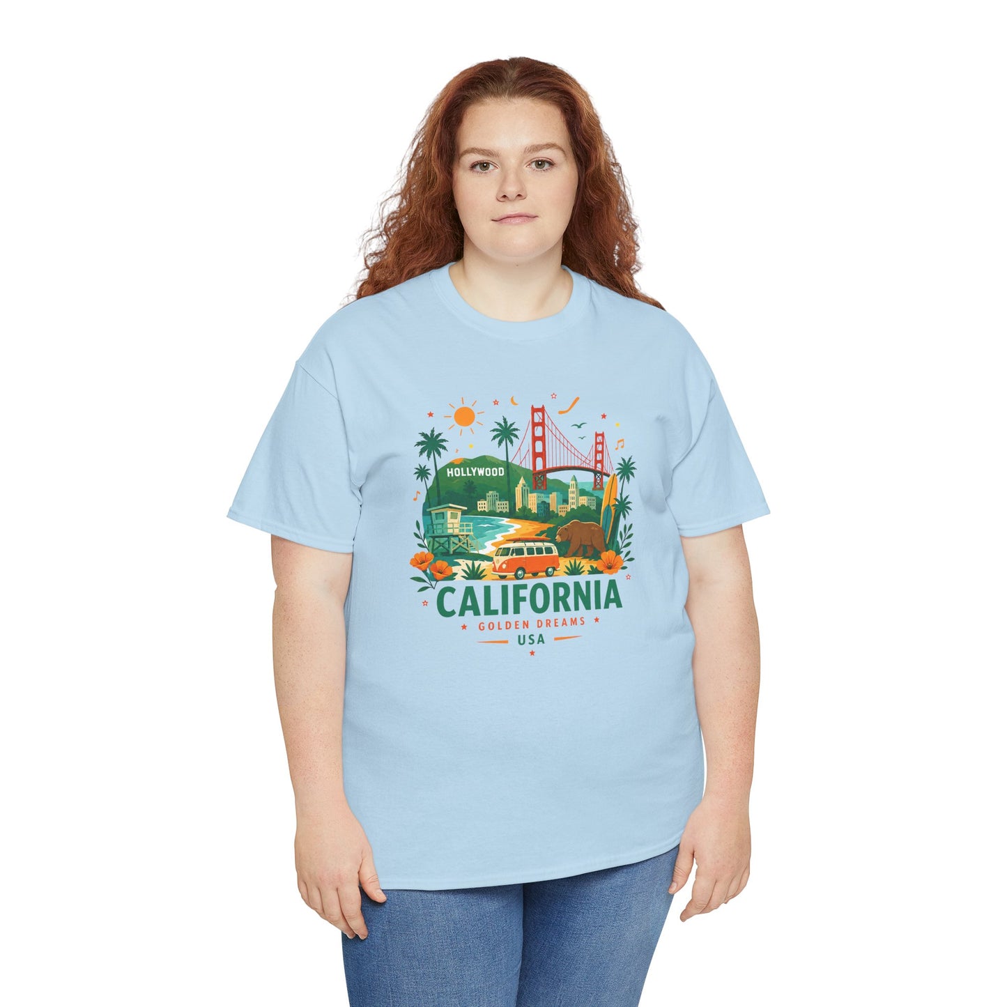 Light blue short-sleeve T-shirt with colorful California skyline graphic
