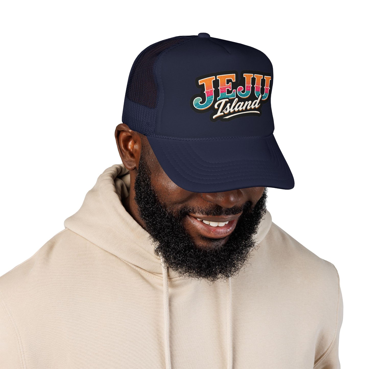 Navy foam trucker hat with mesh back, front logo patch and curved brim
