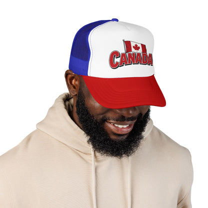 Canada flag trucker hat with red brim, white front panel, blue mesh, Canada crest logo
