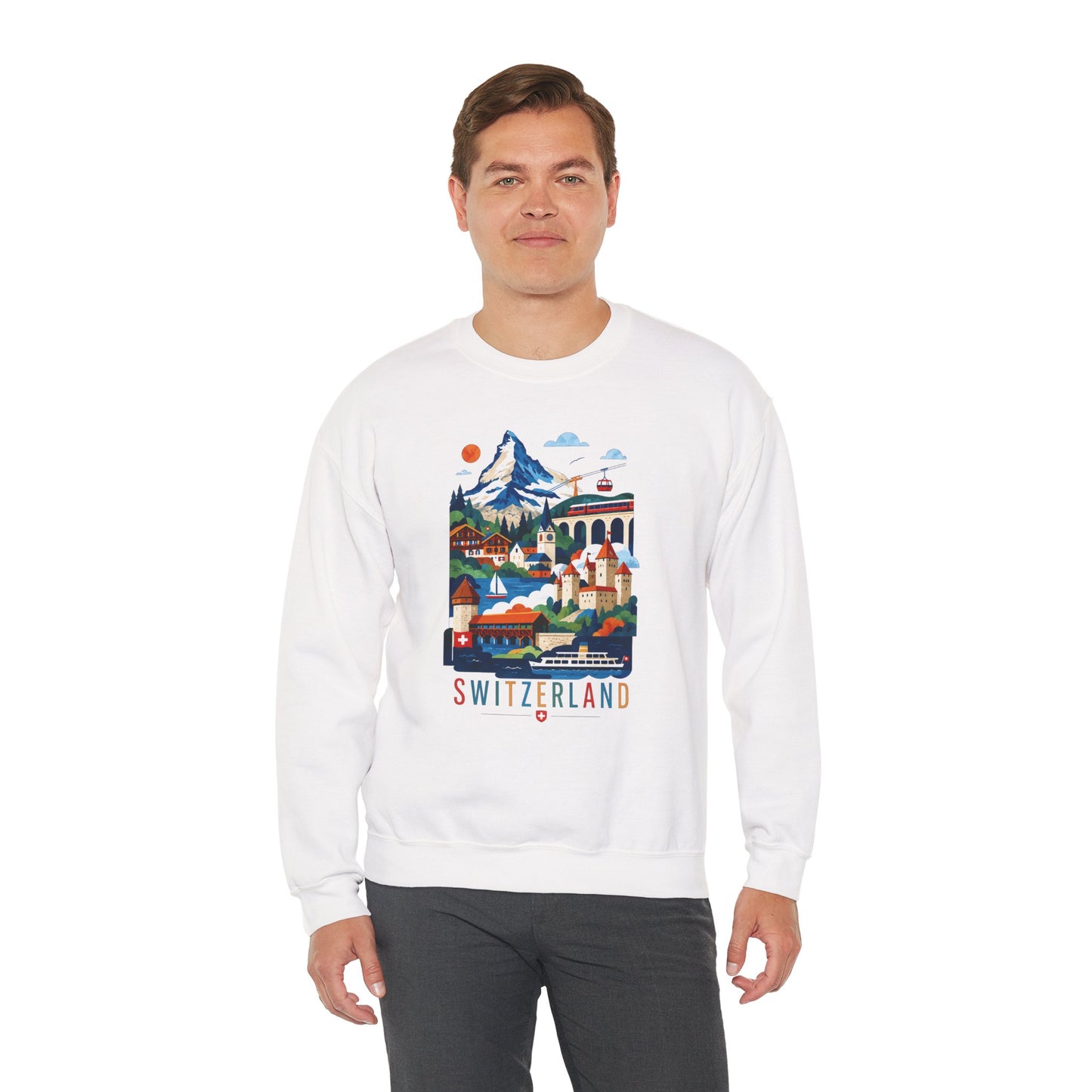 White crewneck sweatshirt with colorful Switzerland graphic on the front