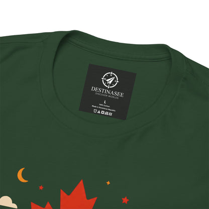Dark green T-shirt close-up of crew neck tag with partial maple graphic below