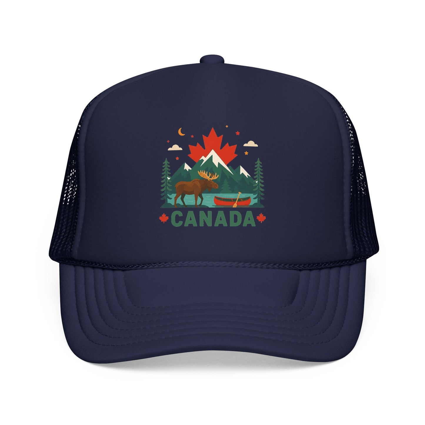 Navy trucker hat with mesh side panels and embroidered Canada logo