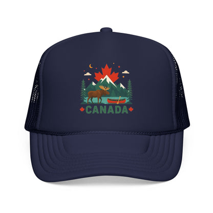 Navy trucker hat with mesh side panels and embroidered Canada logo