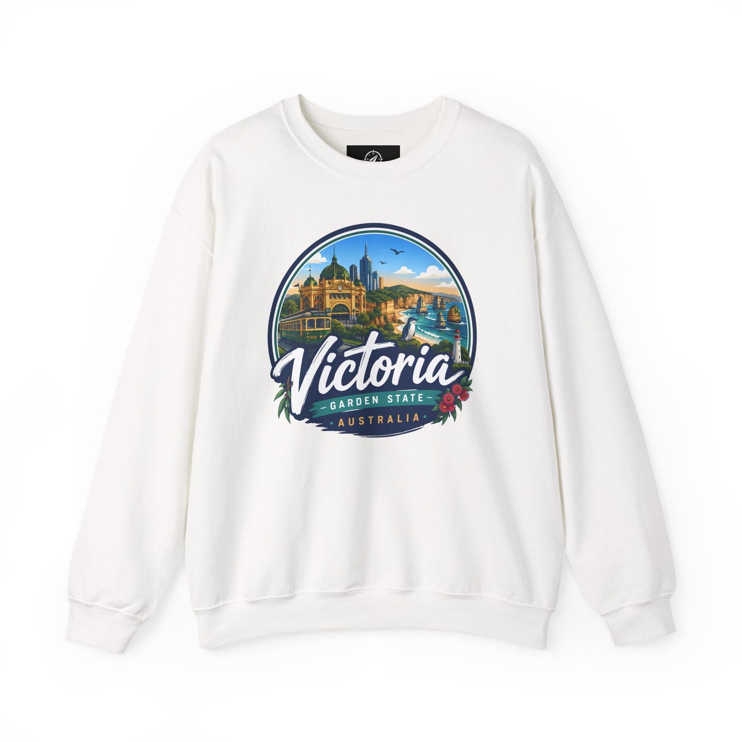 White vintage crewneck sweatshirt with large Victoria Australia chest print