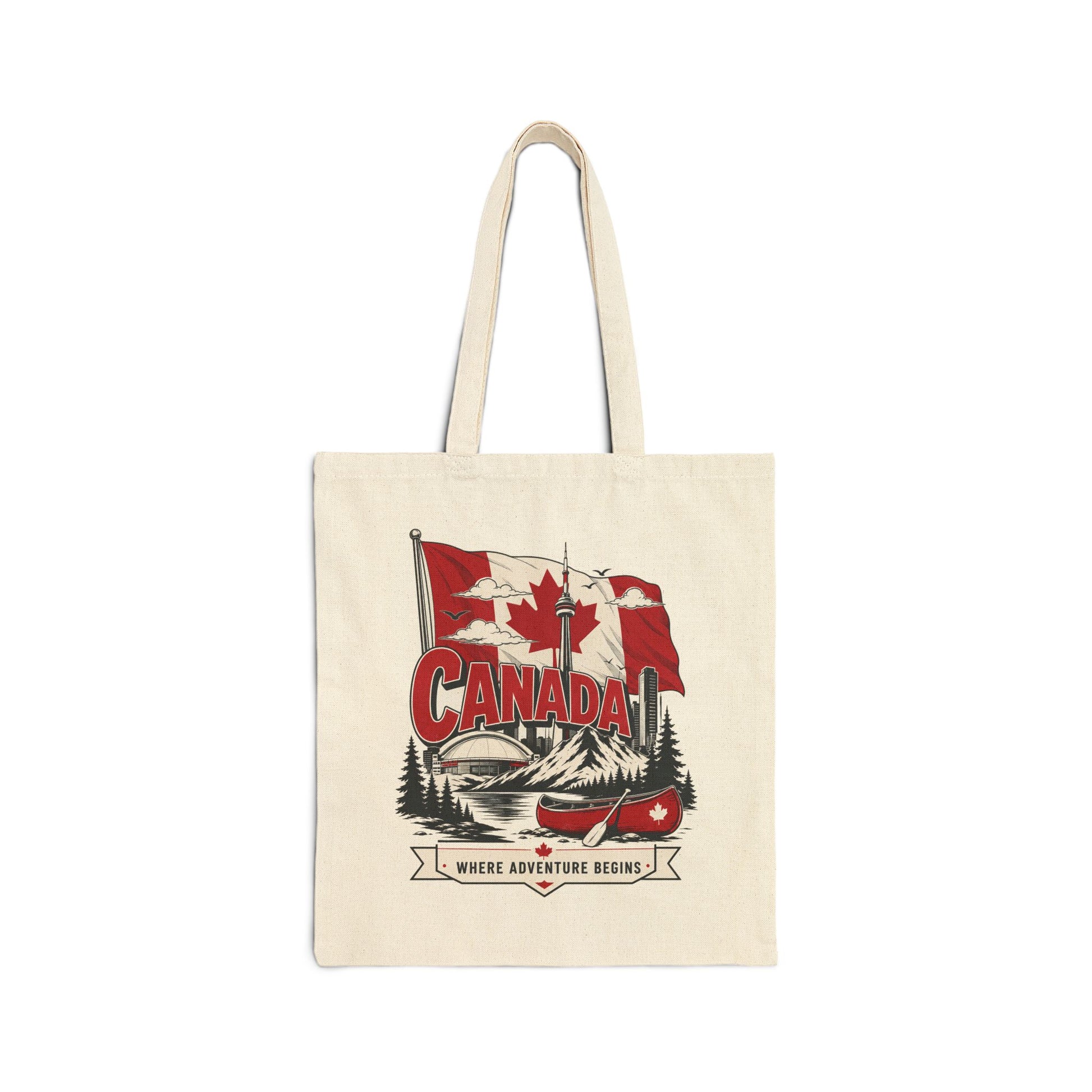Natural canvas tote bag with Canada flag canoe graphic on front