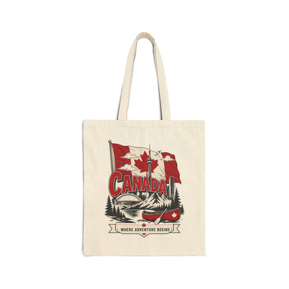 Natural canvas tote bag with Canada flag canoe graphic on front