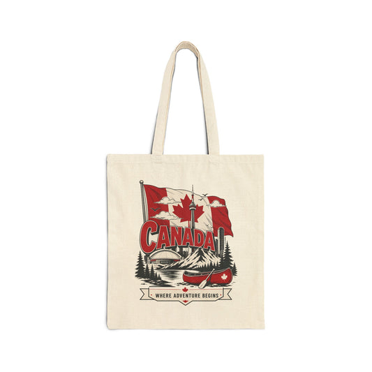 Natural canvas tote bag with Canada flag canoe graphic on front