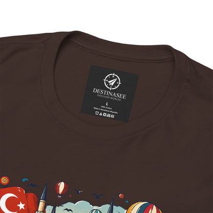Dark chocolate tee close-up of neckline label and partial Turkey graphic print